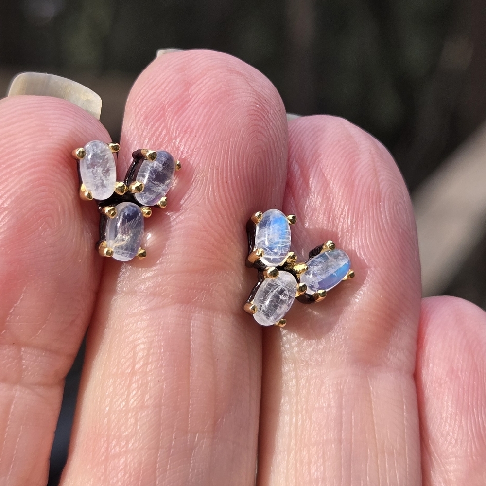 Moonstone 3k Natural Cluster Sterling Rhodium & Gold Earrings - Picture 8 of 10
